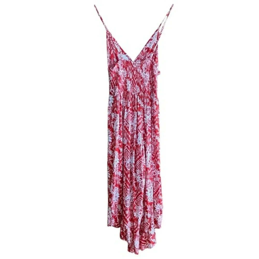 Angie Floral Print Jumpsuit Wide Leg Ruffled Smocked‎ Red White Size S